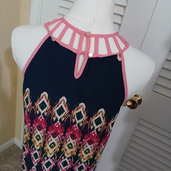 Minteau Couture 16(XL) Halter Dress A Line Navy/Pink/Green Cut-Out Neck Lined - Picture 7 of 11
